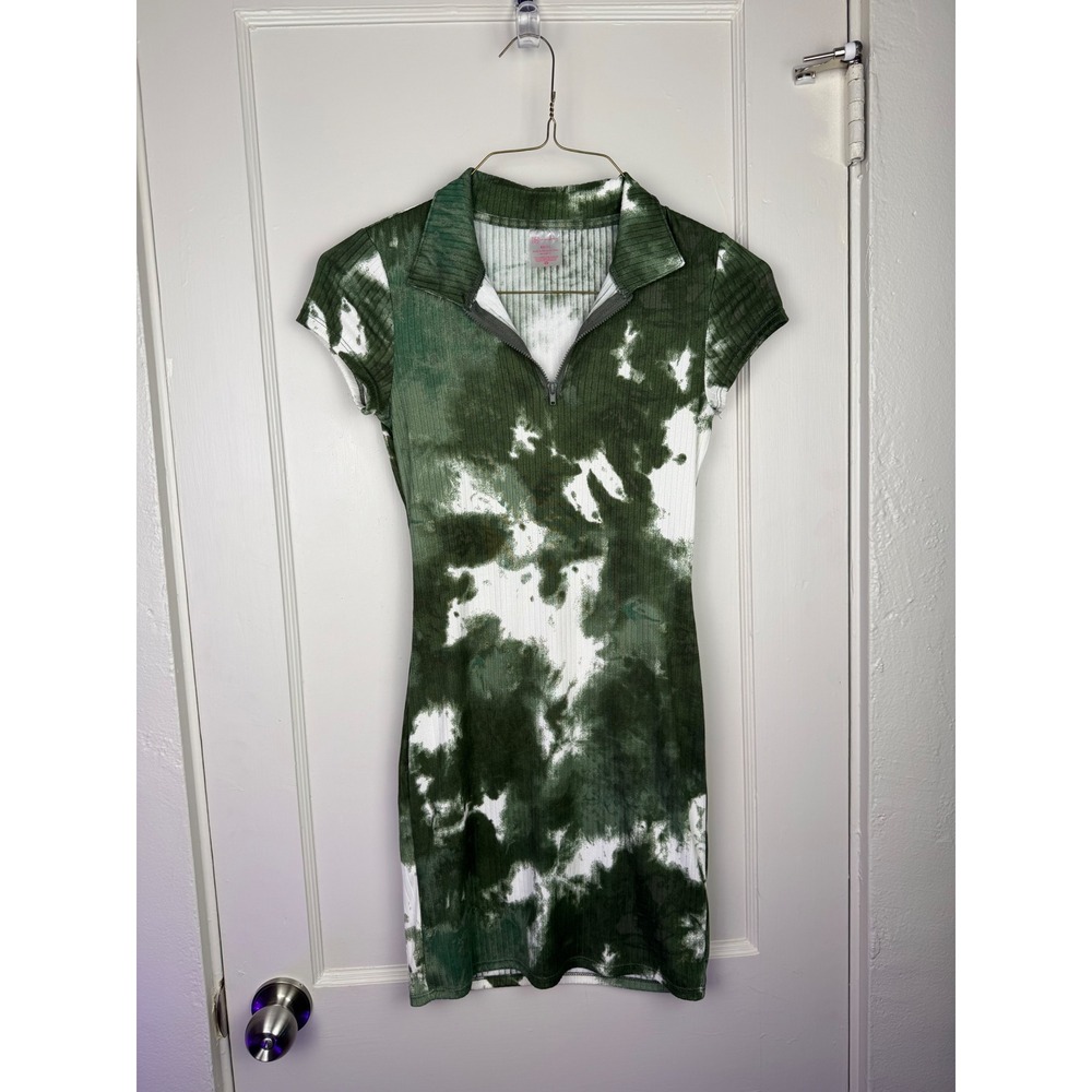 No Boundaries Green Tie Dye Ribbed Quarter Zip Mini Dress XS 1